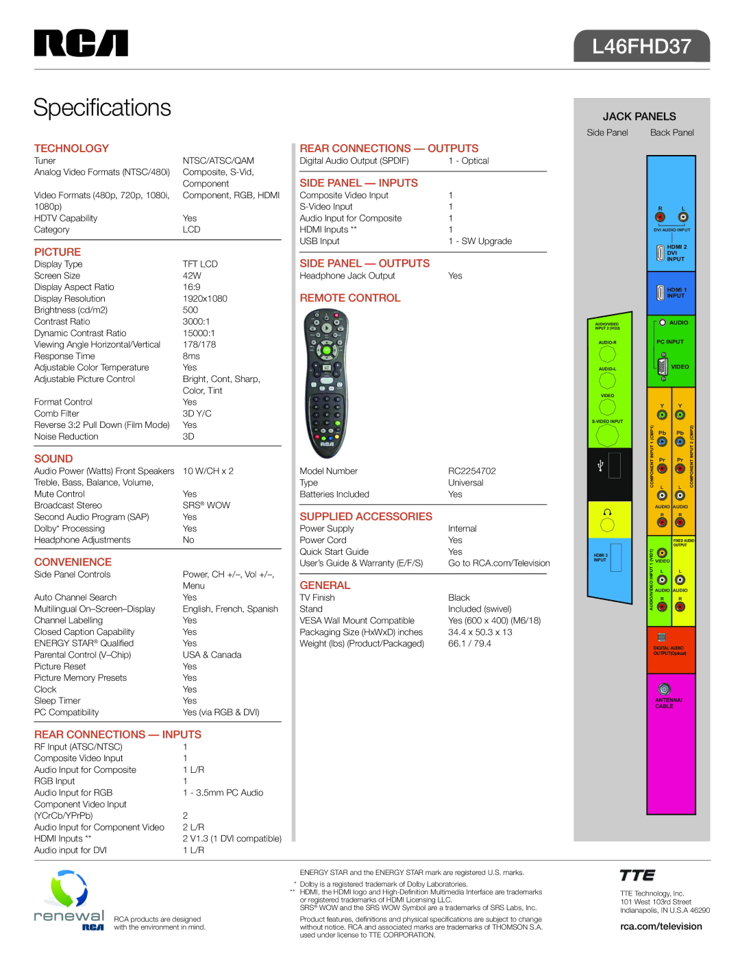 RCA L46FHD37 Technology Rear Connections Outputs, Picture, Sound, Convenience, Rear Connections Inputs, Side Panel Inputs 