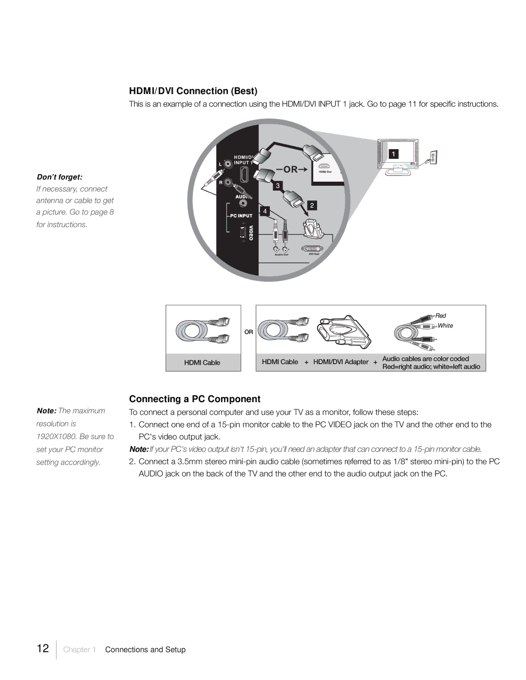 RCA L46FHD37R, L42FHD37R warranty HDMI/DVI Connection Best, Connecting a PC Component 