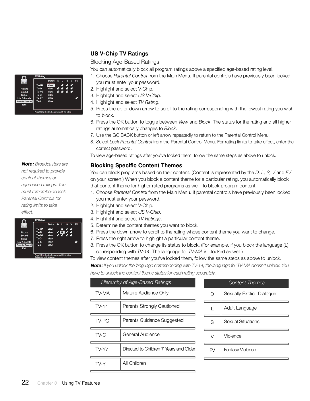 RCA L46FHD37R, L42FHD37R warranty US V-Chip TV Ratings, Blocking Age-Based Ratings, Blocking Specific Content Themes 