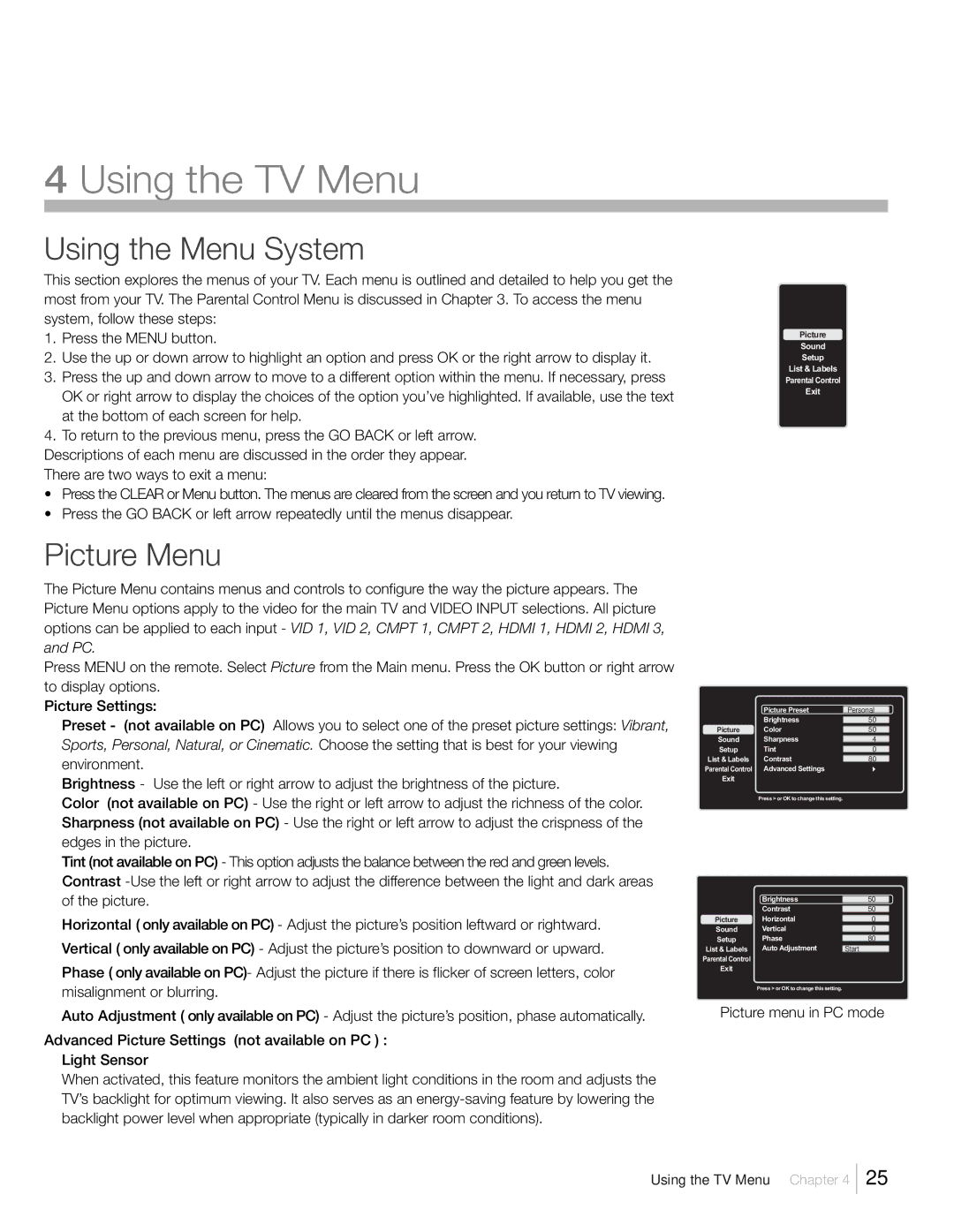 RCA L42FHD37R, L46FHD37R warranty Using the Menu System, Picture Menu, Picture menu in PC mode 