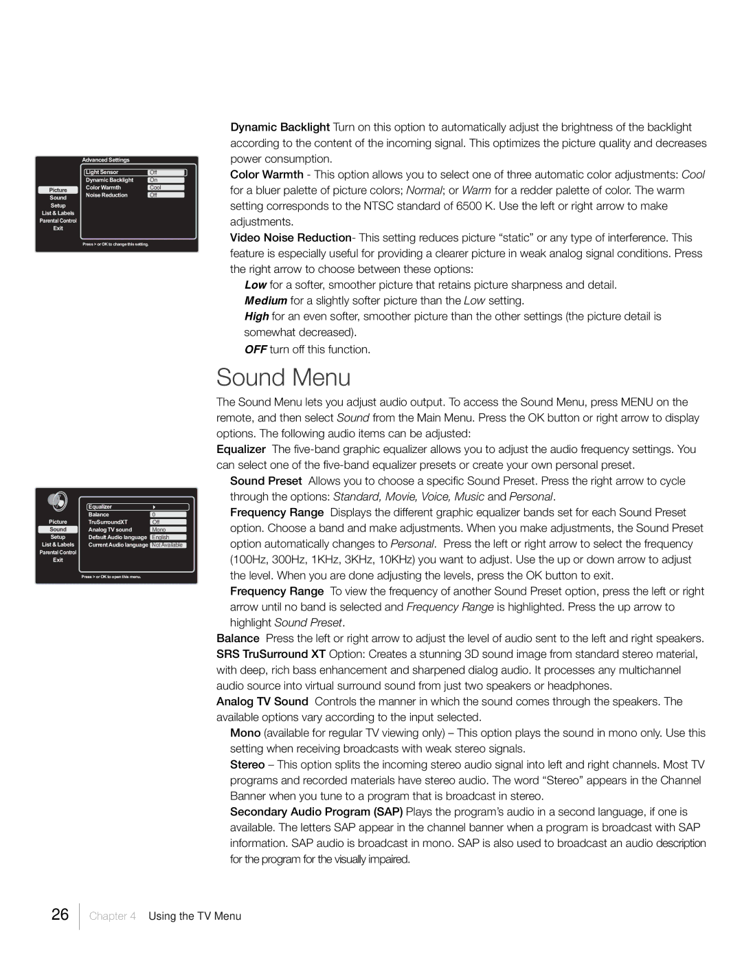 RCA L46FHD37R, L42FHD37R warranty Sound Menu, English 