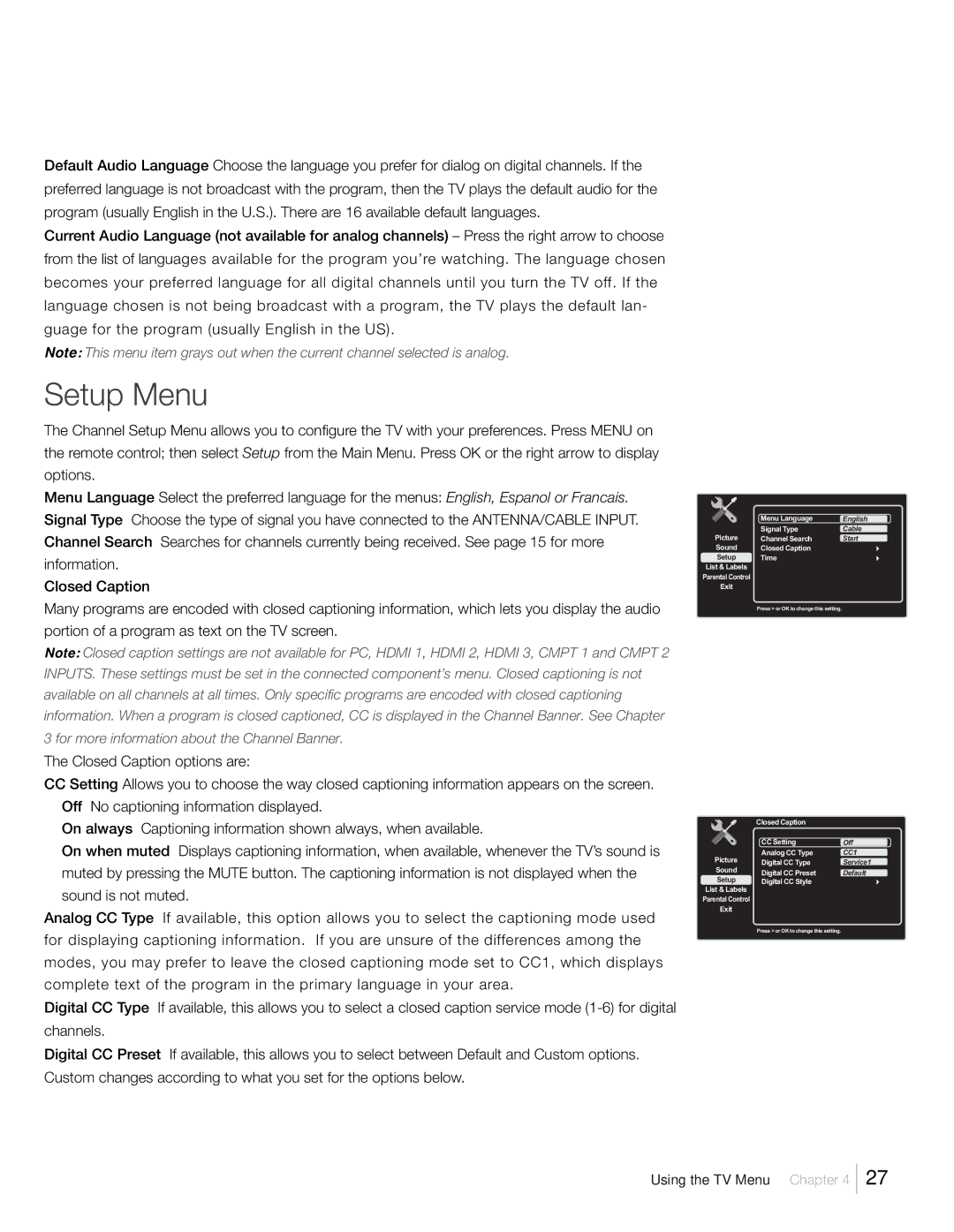 RCA L42FHD37R, L46FHD37R warranty Setup Menu, CC1 