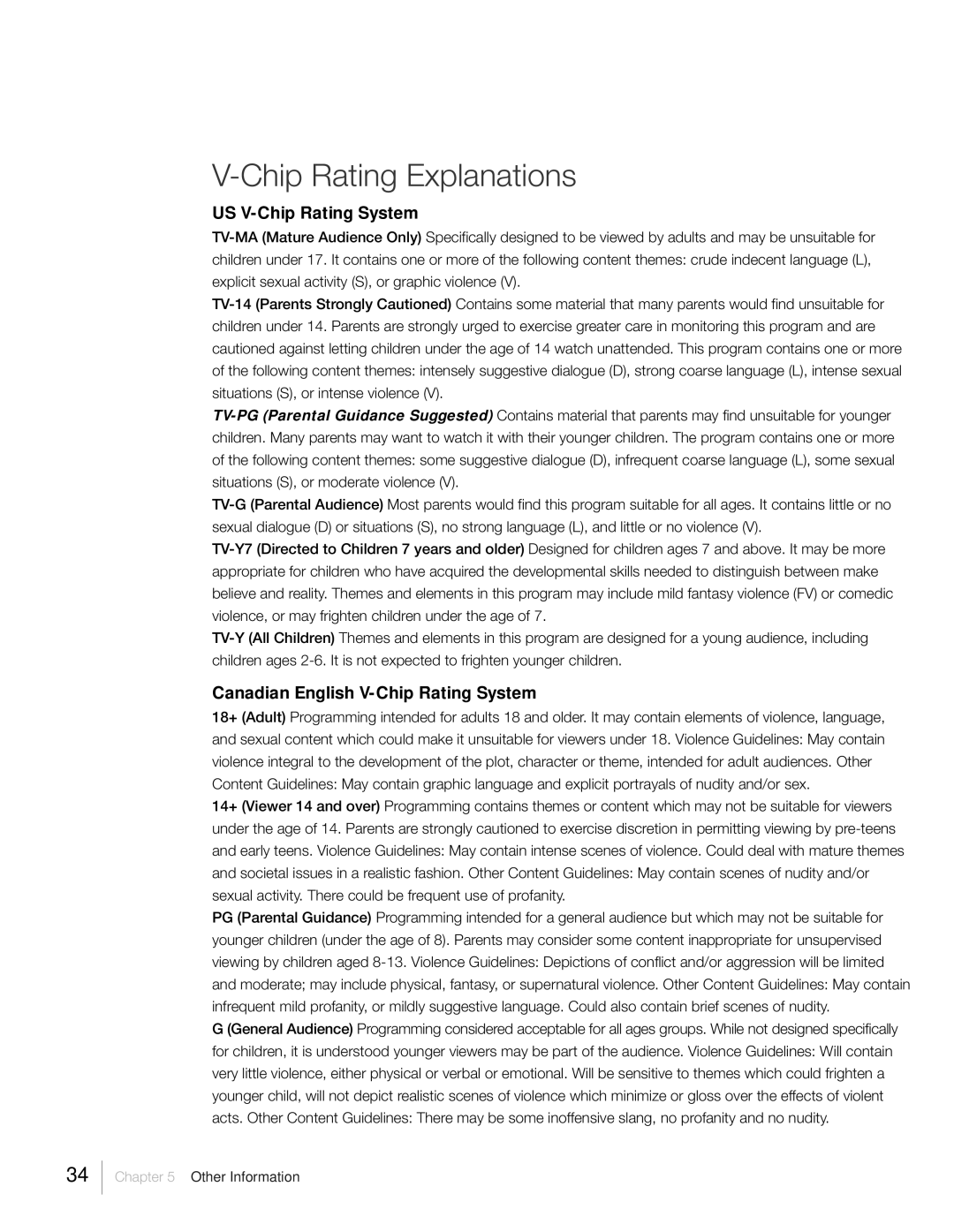 RCA L46FHD37R, L42FHD37R warranty Chip Rating Explanations, US V-Chip Rating System, Canadian English V-Chip Rating System 