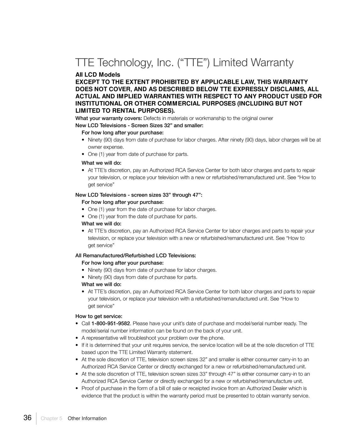 RCA L46FHD37R, L42FHD37R warranty TTE Technology, Inc. Òtteó Limited Warranty, All LCD Models 