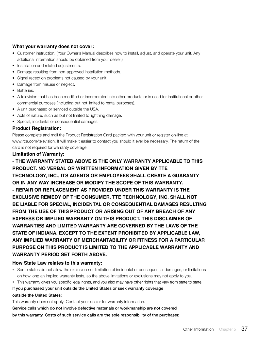 RCA L42FHD37R, L46FHD37R What your warranty does not cover, Product Registration Limitation of Warranty 