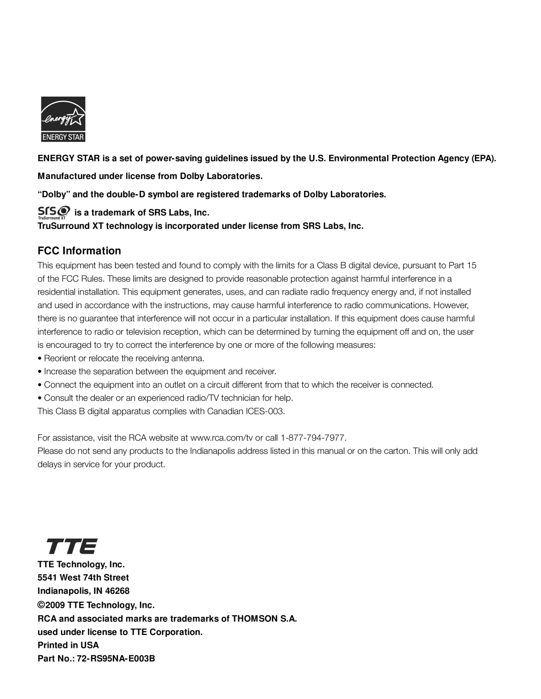 RCA L46FHD37R, L42FHD37R warranty FCC Information 