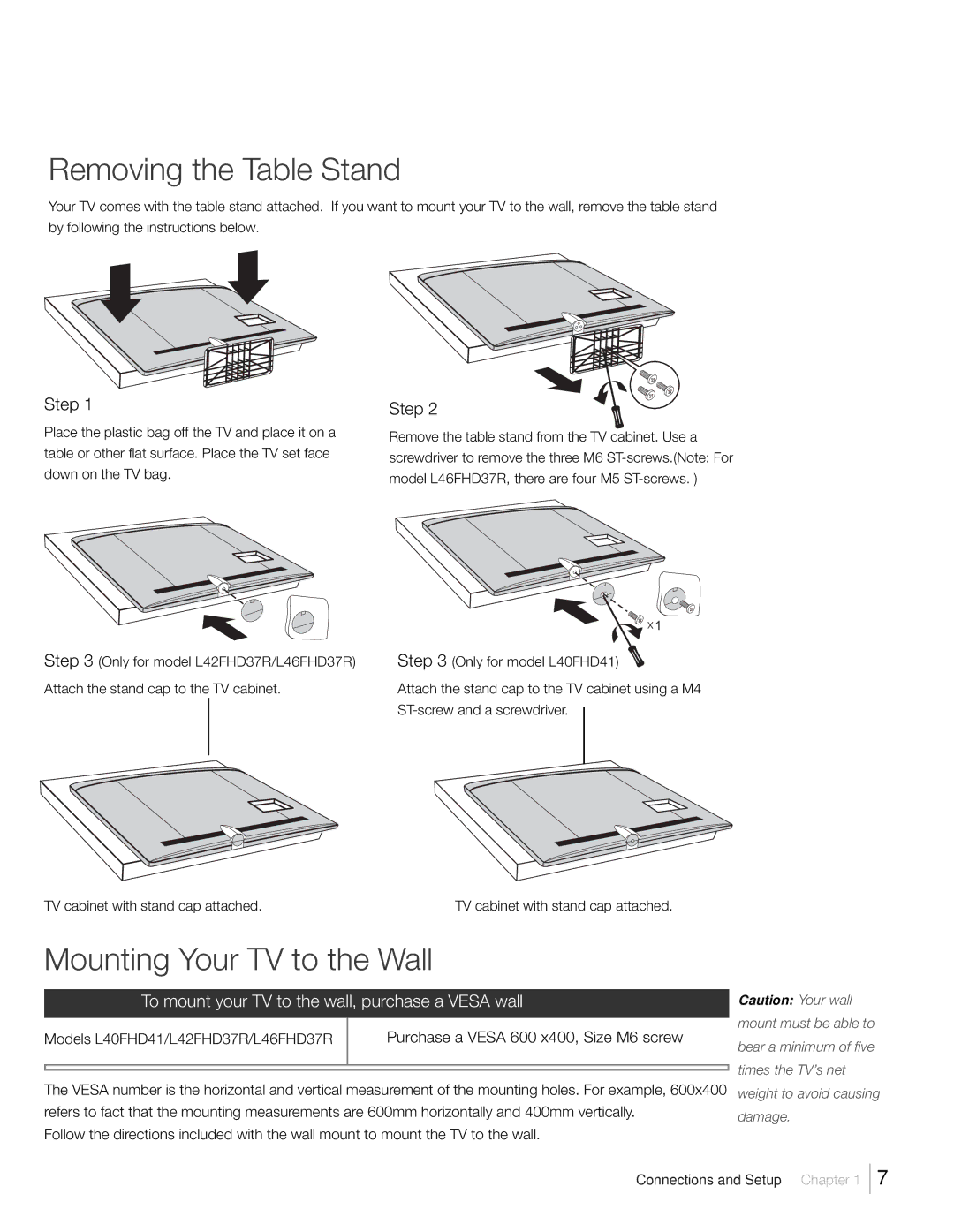 RCA L42FHD37R, L46FHD37R warranty Removing the Table Stand, Mounting Your TV to the Wall, Step 