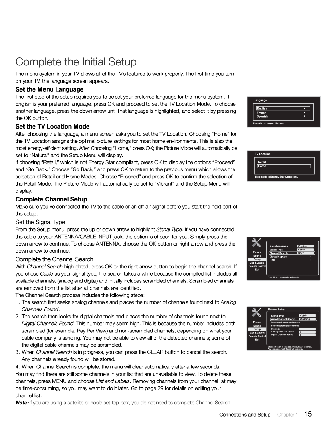 RCA L42FHD37R warranty Complete the Initial Setup, Set the Menu Language, Set the TV Location Mode, Complete Channel Setup 