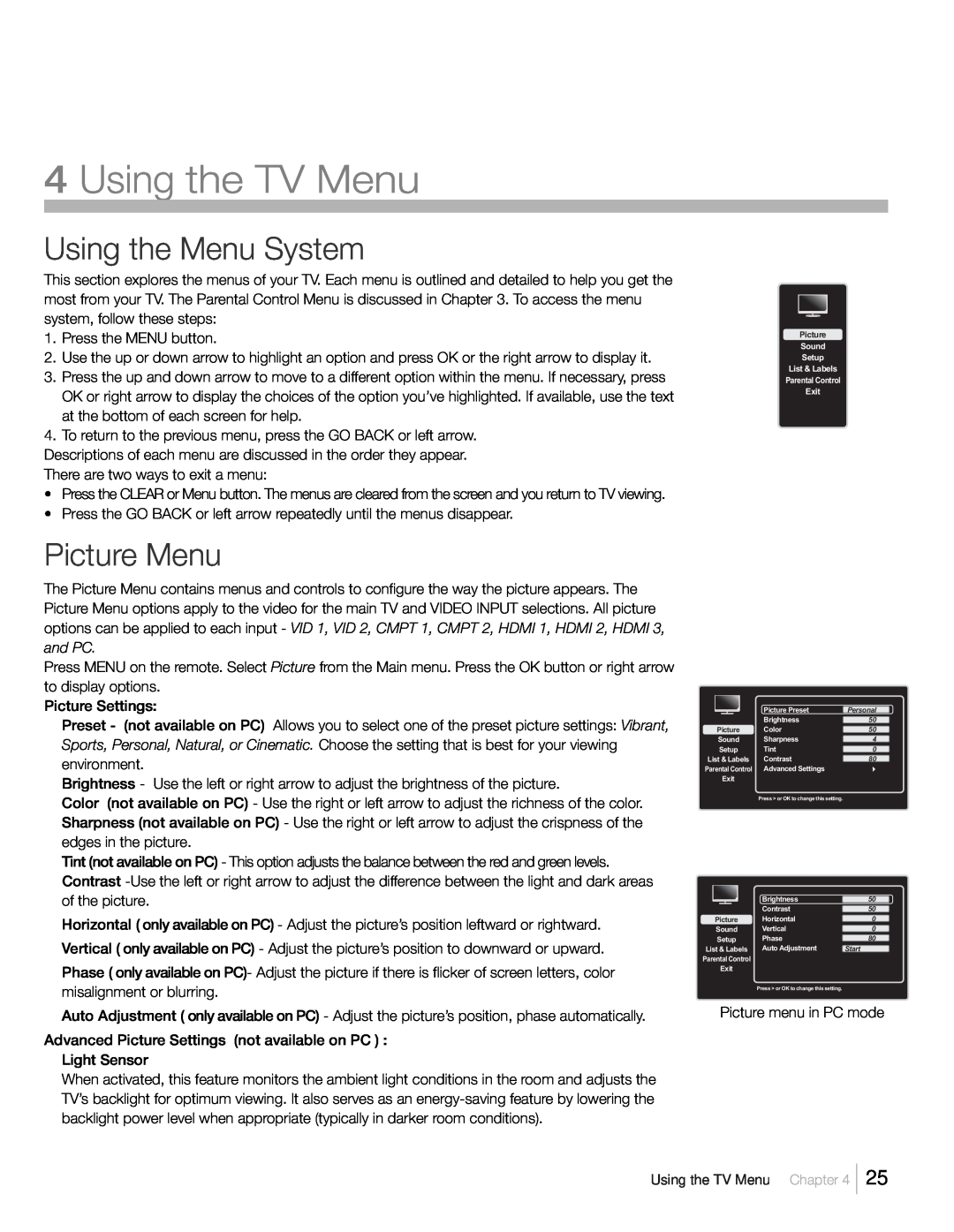 RCA L42FHD37R, L46FHD37R warranty Using the TV Menu, Using the Menu System, Picture Menu 