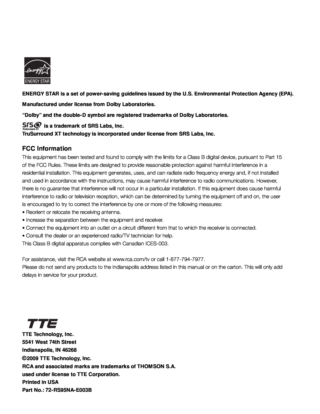 RCA L46FHD37R, L42FHD37R warranty FCC Information 