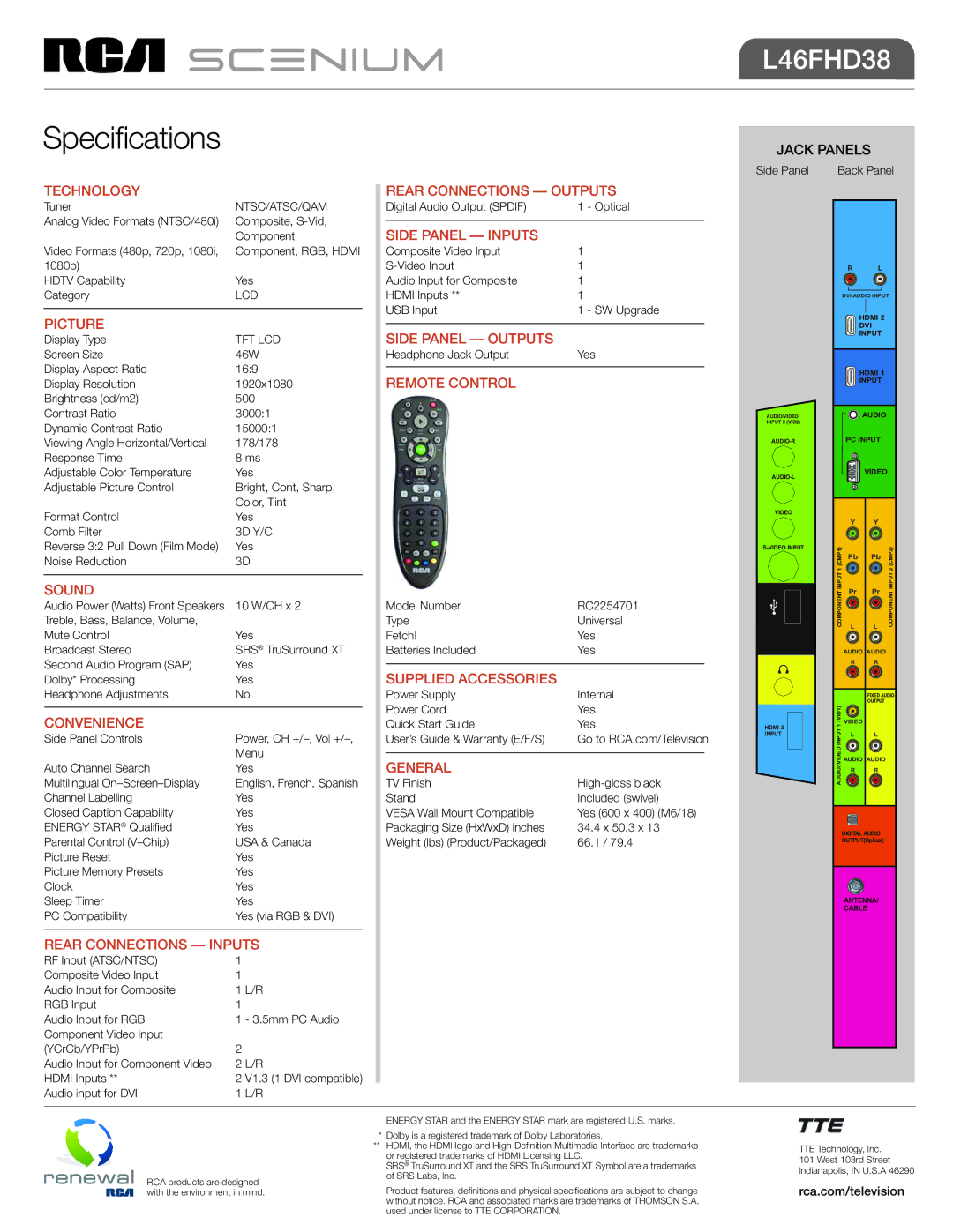 RCA L46FHD38 Technology Rear Connections Outputs, Picture, Sound, Convenience, Rear Connections Inputs, Side Panel Inputs 