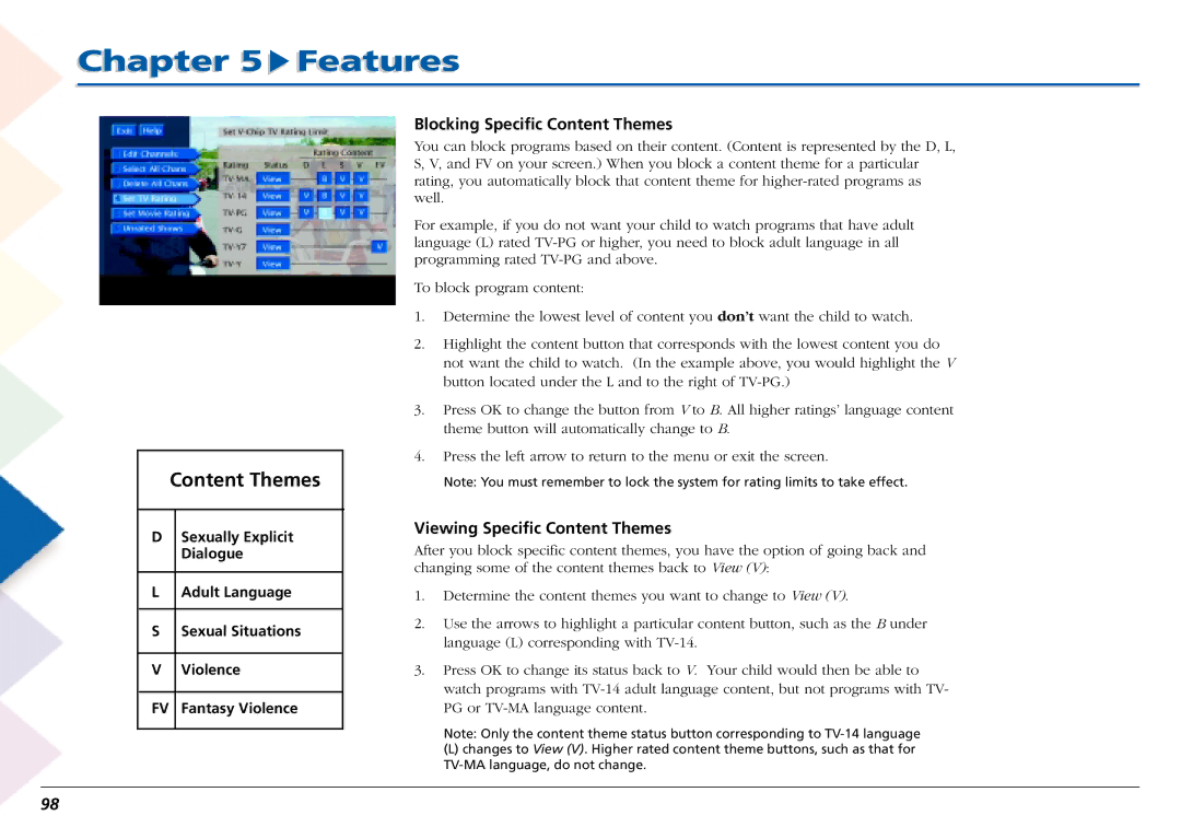 RCA L50000 manual Blocking Specific Content Themes, Viewing Specific Content Themes 