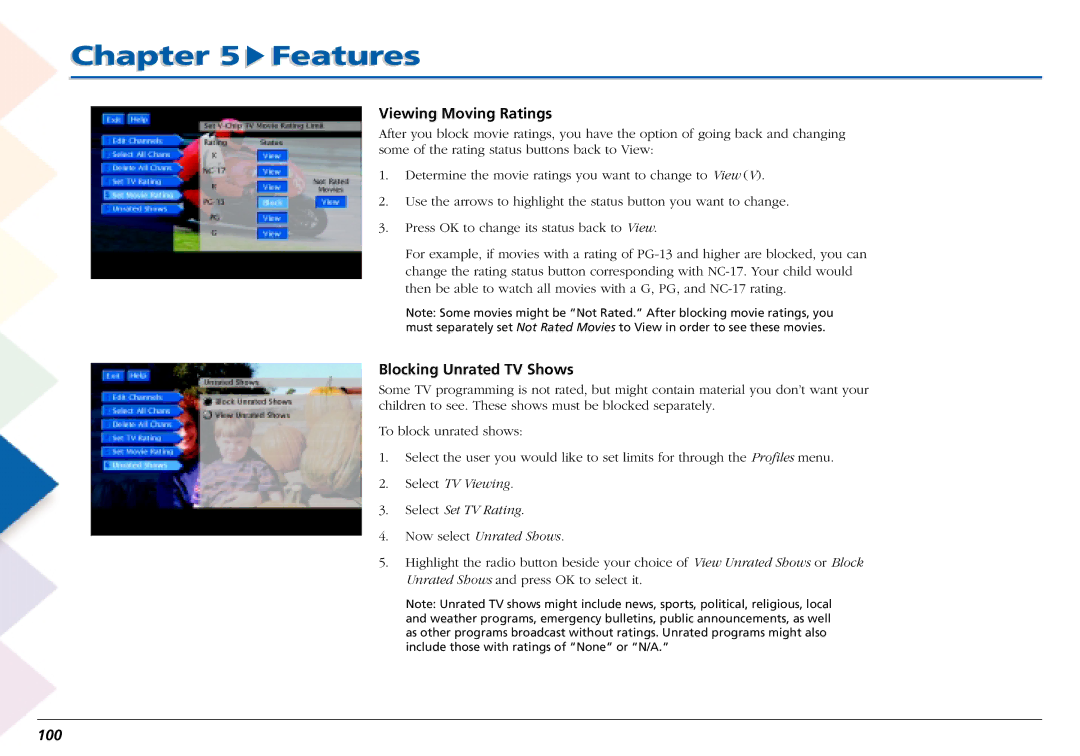 RCA L50000 manual Viewing Moving Ratings, Blocking Unrated TV Shows, 100 