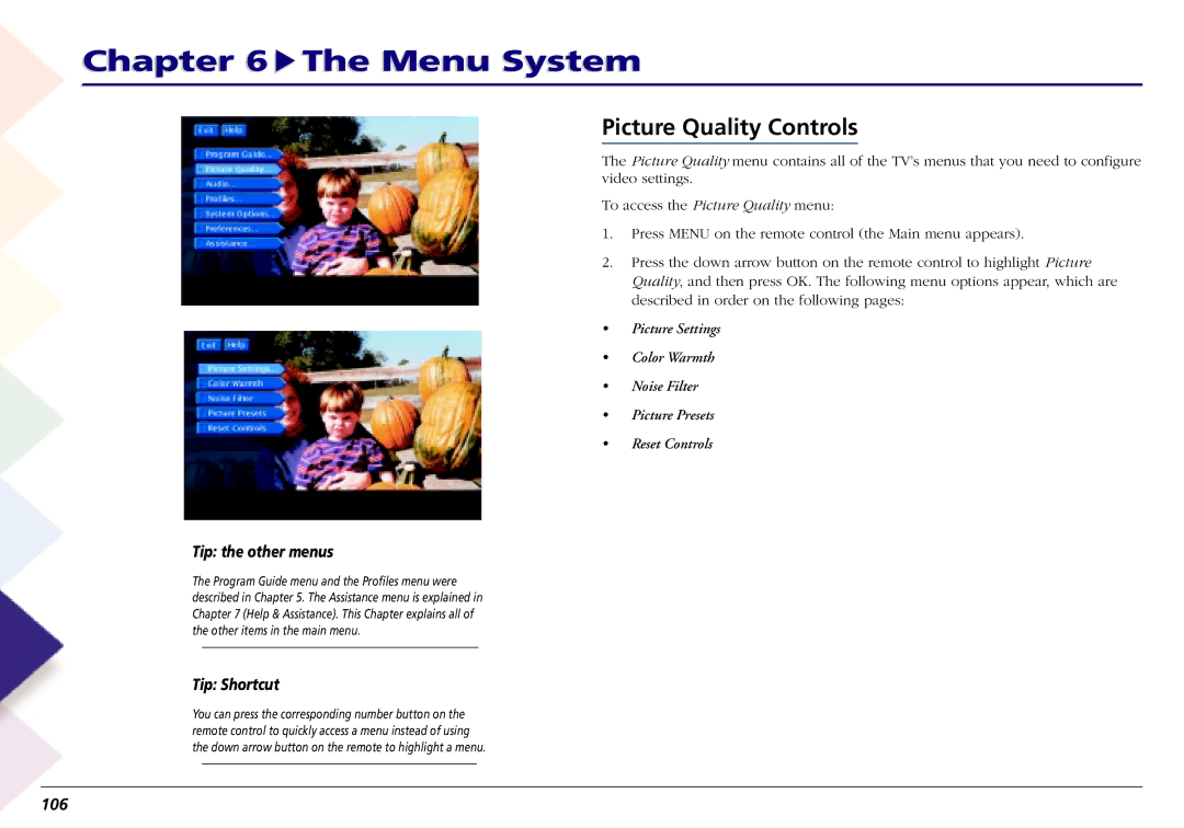 RCA L50000 manual Picture Quality Controls, Tip the other menus, Tip Shortcut, 106 