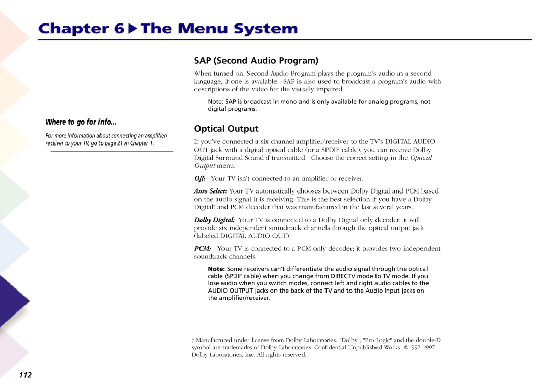 RCA L50000 manual SAP Second Audio Program, Optical Output, Where to go for info, 112 