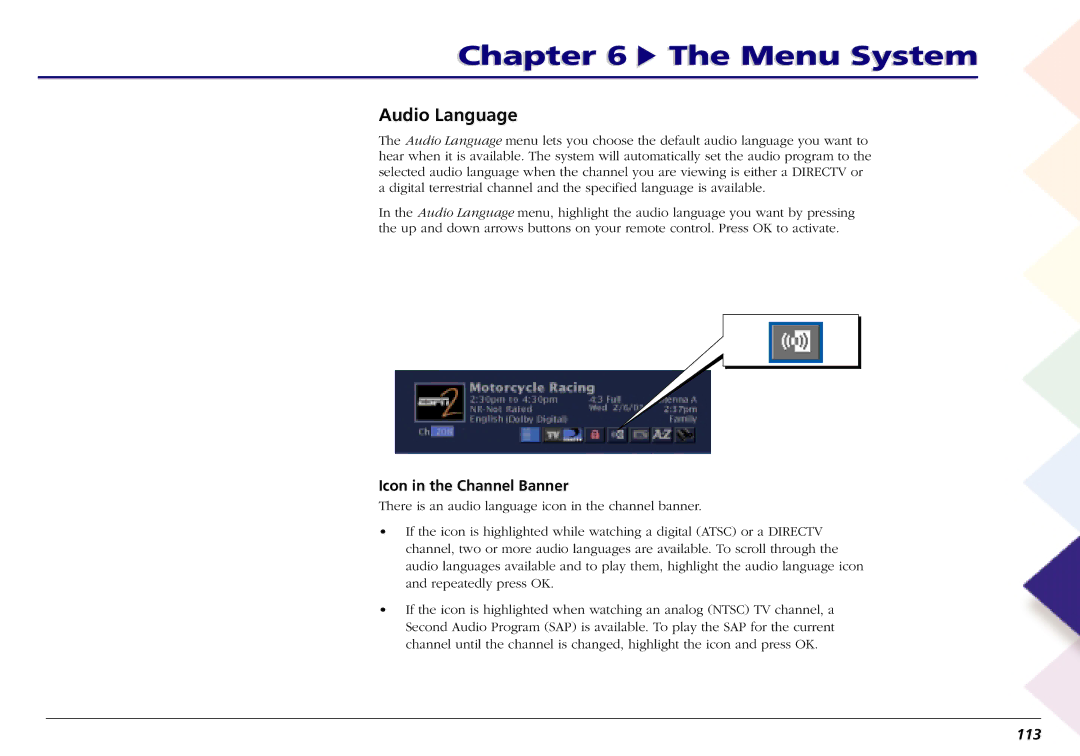 RCA L50000 manual Audio Language, Icon in the Channel Banner, 113 