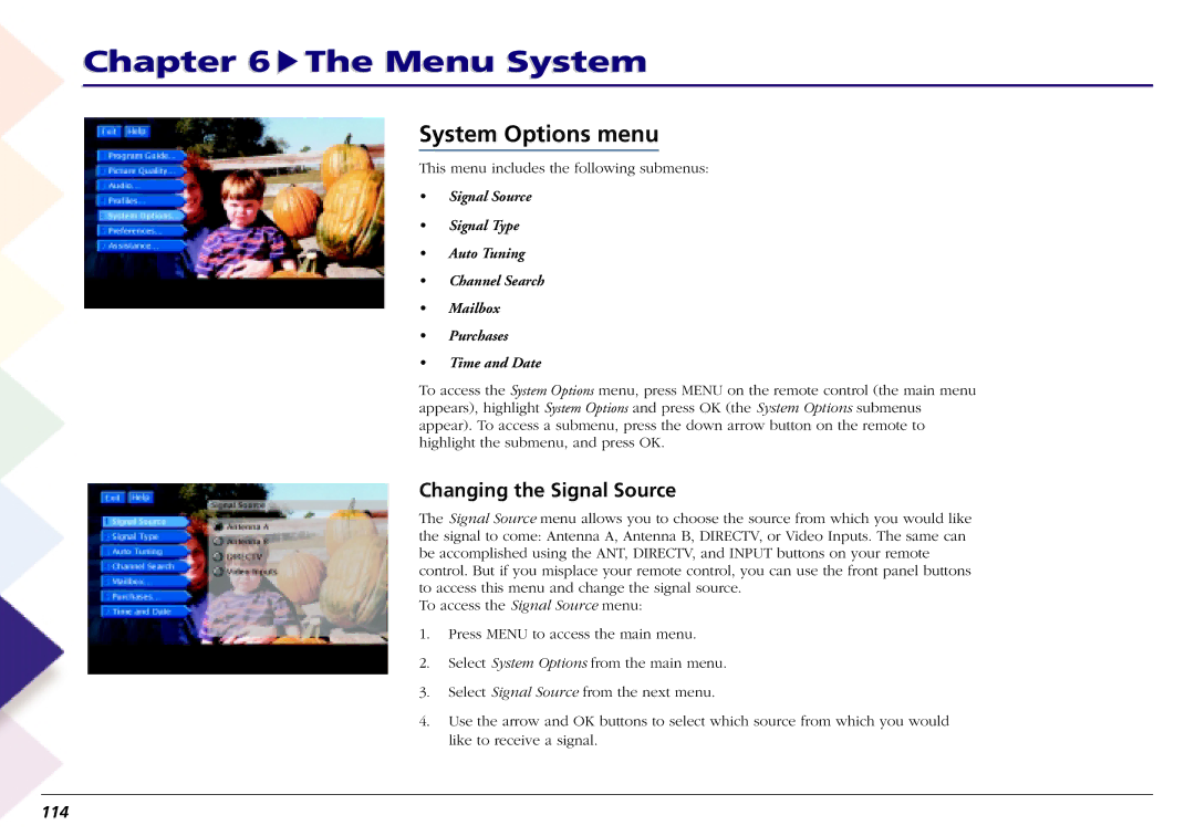 RCA L50000 manual System Options menu, Changing the Signal Source, 114 