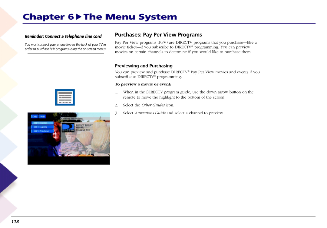 RCA L50000 manual Purchases Pay Per View Programs, Reminder Connect a telephone line cord, Previewing and Purchasing, 118 