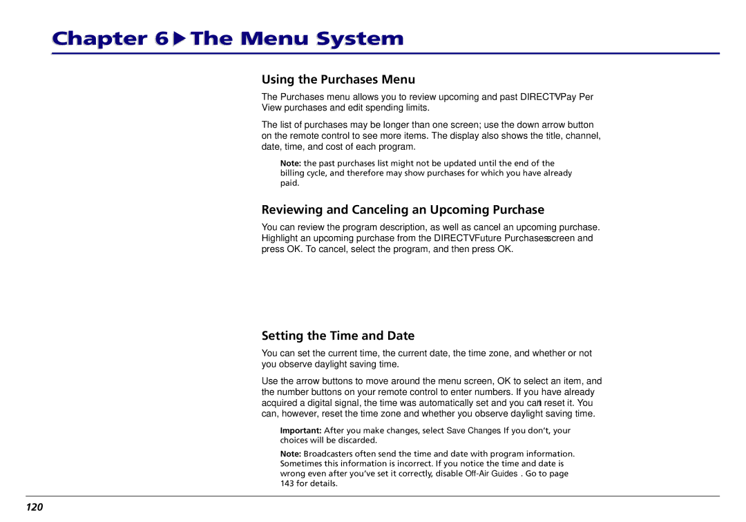 RCA L50000 manual Using the Purchases Menu, Reviewing and Canceling an Upcoming Purchase, Setting the Time and Date, 120 
