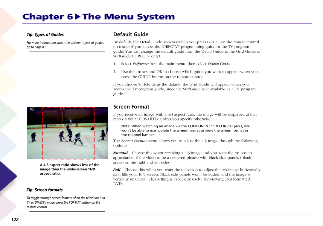 RCA L50000 manual Default Guide, Screen Format, Tip Types of Guides, Tip Screen formats, 122 