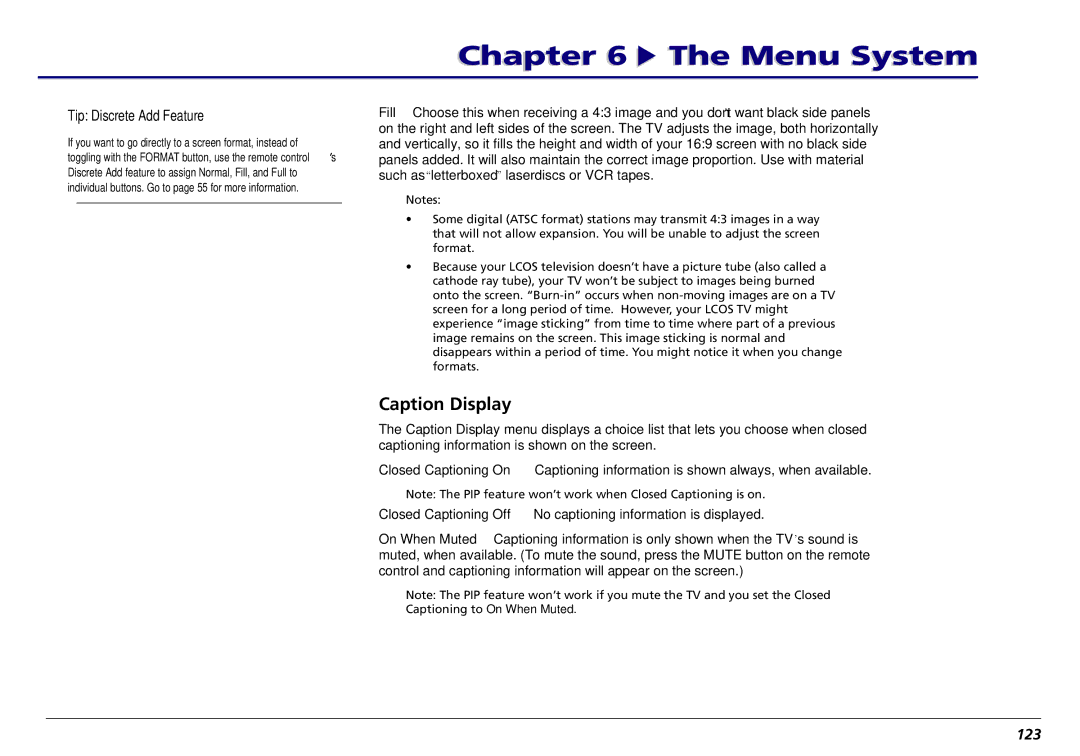RCA L50000 manual Caption Display, Tip Discrete Add Feature, 123 