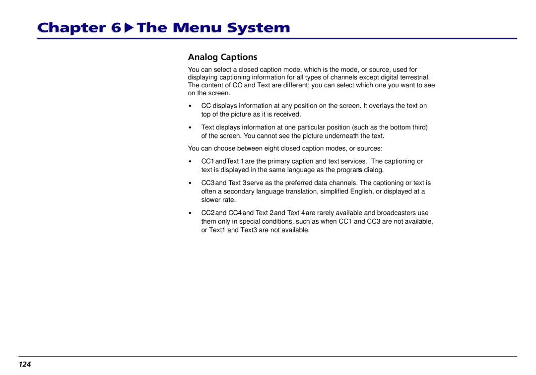 RCA L50000 manual Analog Captions, 124 
