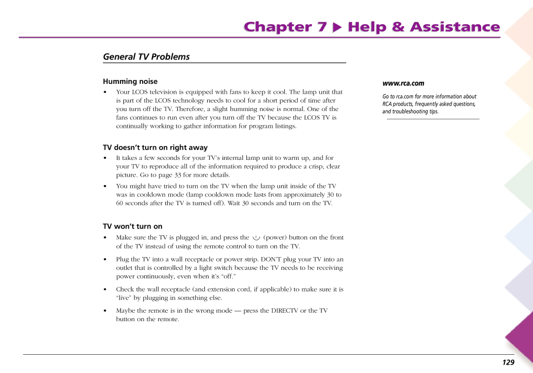 RCA L50000 manual Humming noise, TV doesn’t turn on right away, TV won’t turn on, 129 