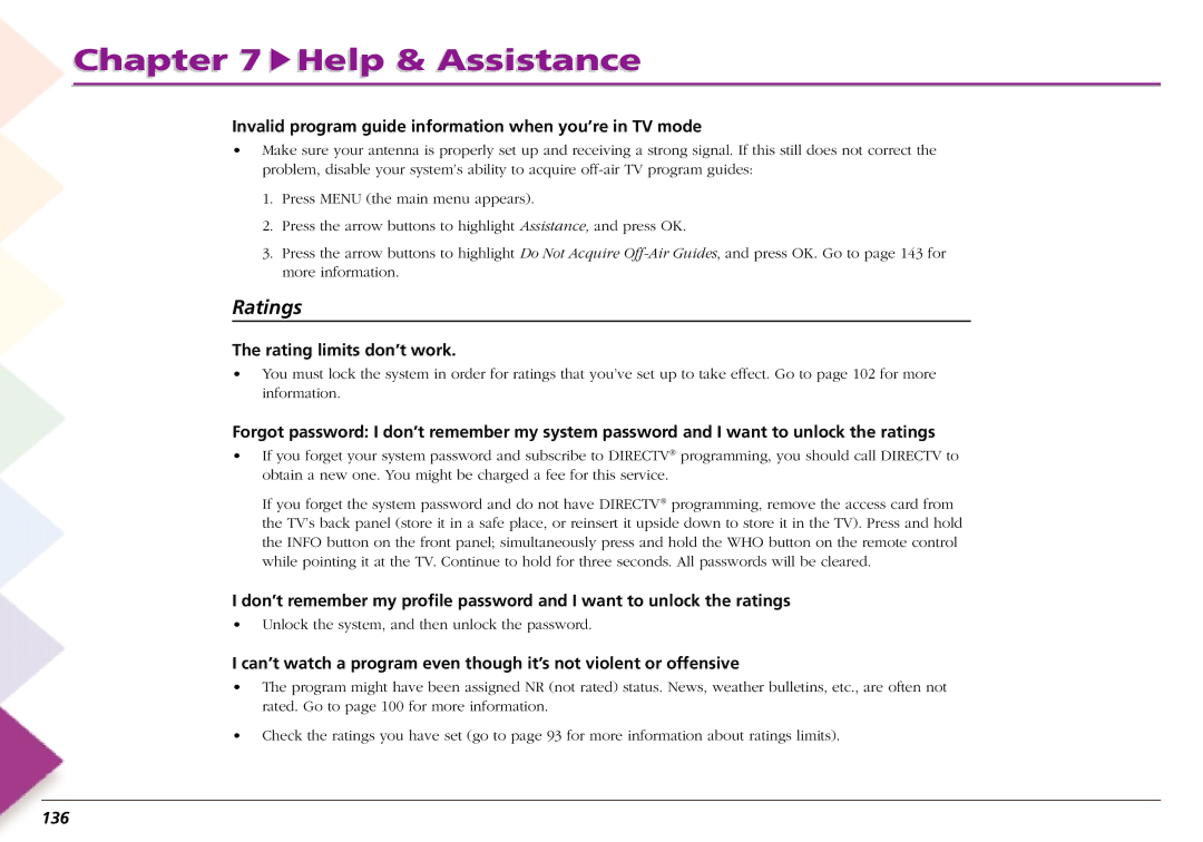 RCA L50000 manual Invalid program guide information when you’re in TV mode, Rating limits don’t work, 136 