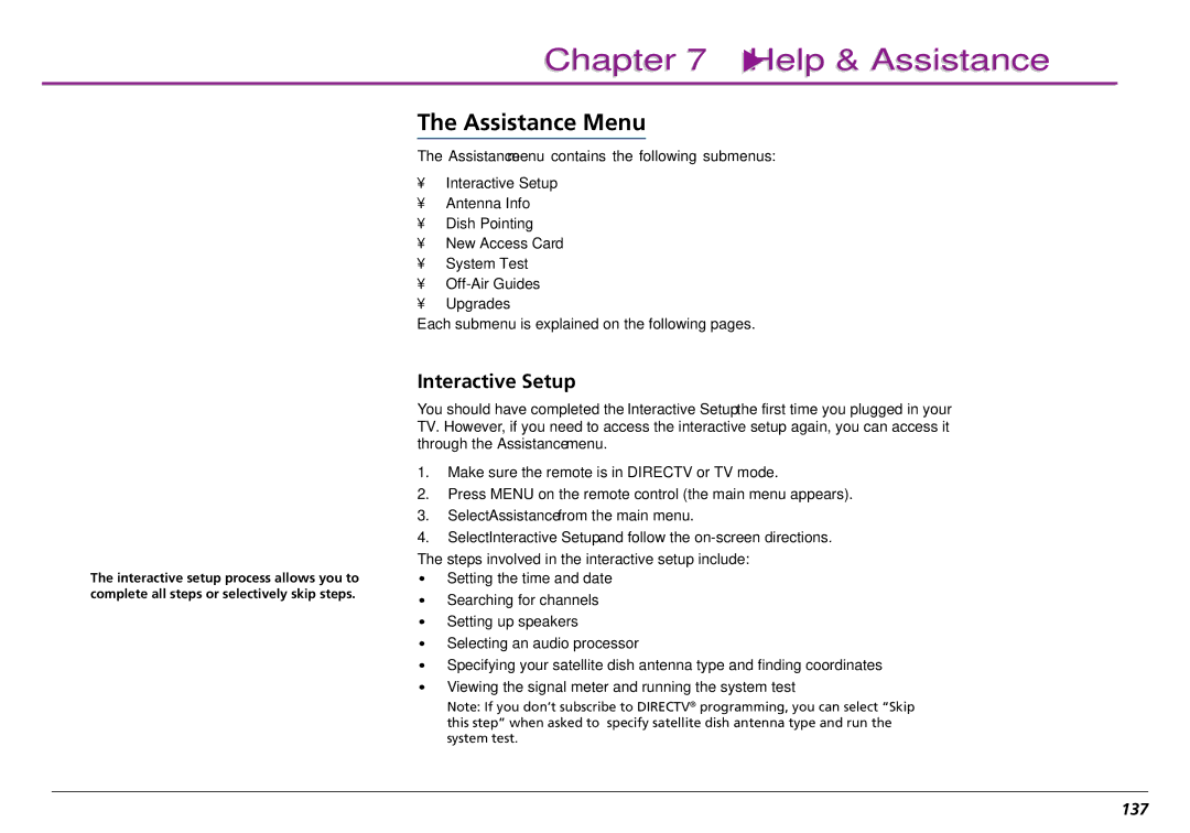 RCA L50000 manual Assistance Menu, Interactive Setup, 137 