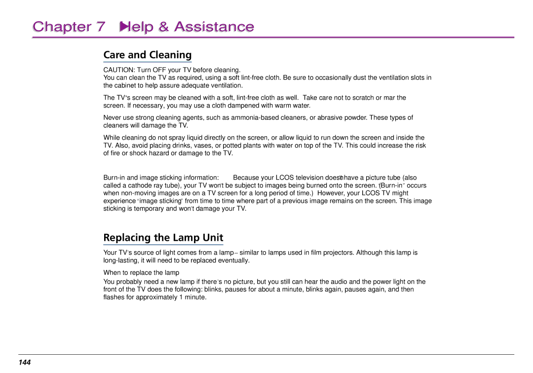 RCA L50000 manual Care and Cleaning, Replacing the Lamp Unit, 144 