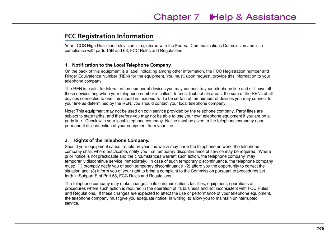 RCA L50000 FCC Registration Information, Notification to the Local Telephone Company, Rights of the Telephone Company, 149 