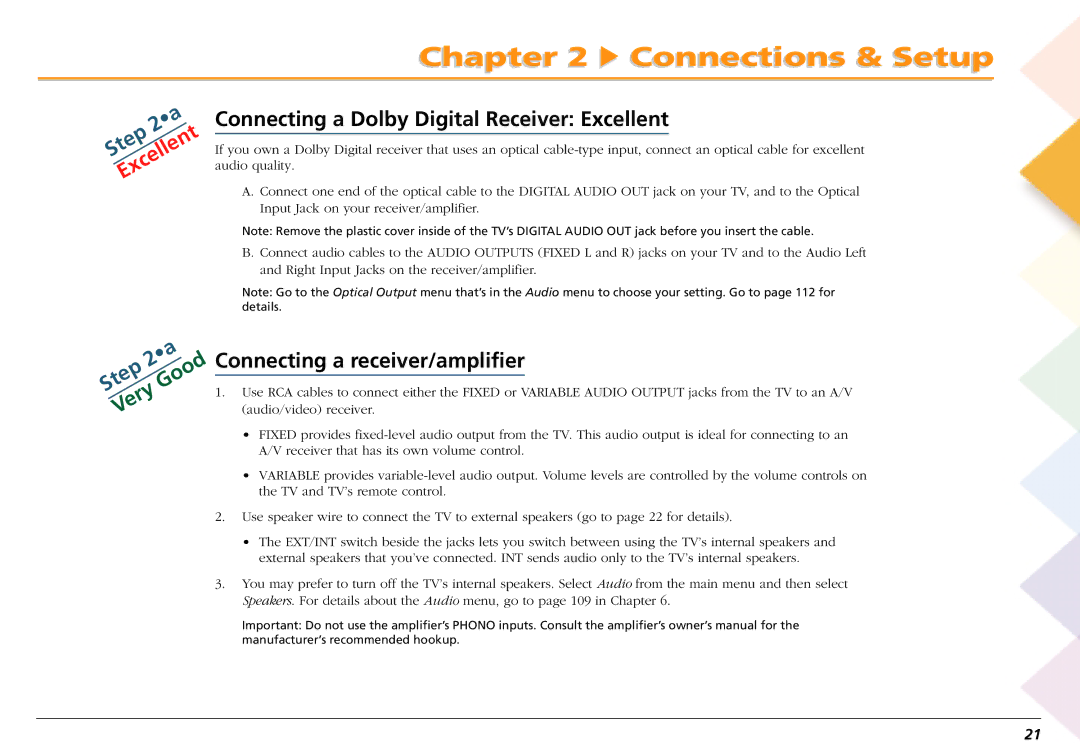RCA L50000 manual Connecting a Dolby Digital Receiver Excellent, Connecting a receiver/amplifier 