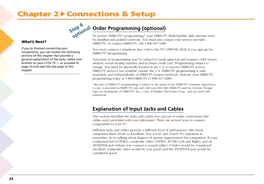 RCA L50000 manual Order Programming optional, Explanation of Input Jacks and Cables, What’s Next? 