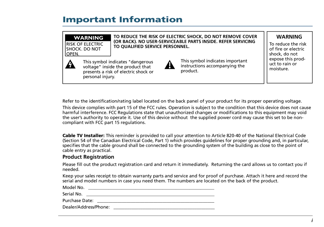 RCA L50000 manual Important Information, Product Registration 