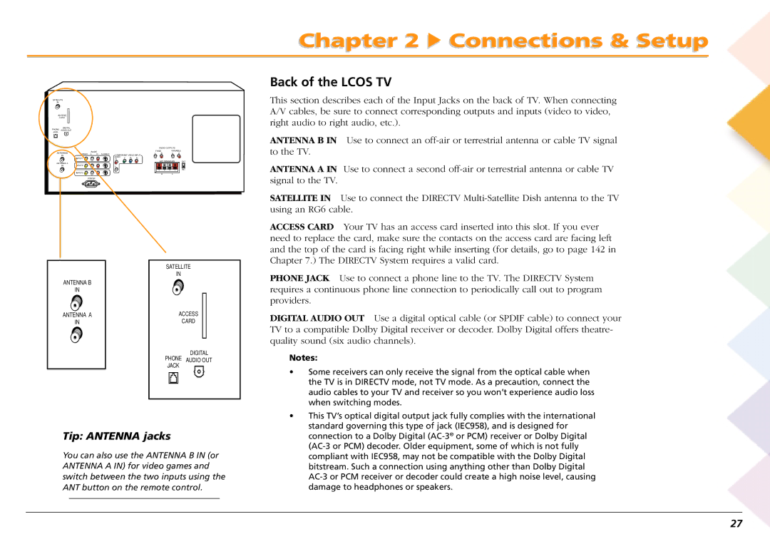 RCA L50000 manual Back of the Lcos TV, Tip Antenna jacks 