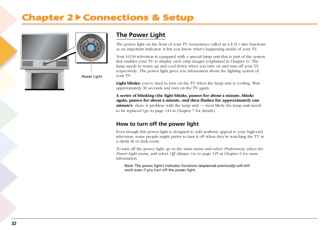 RCA L50000 manual Power Light, How to turn off the power light 