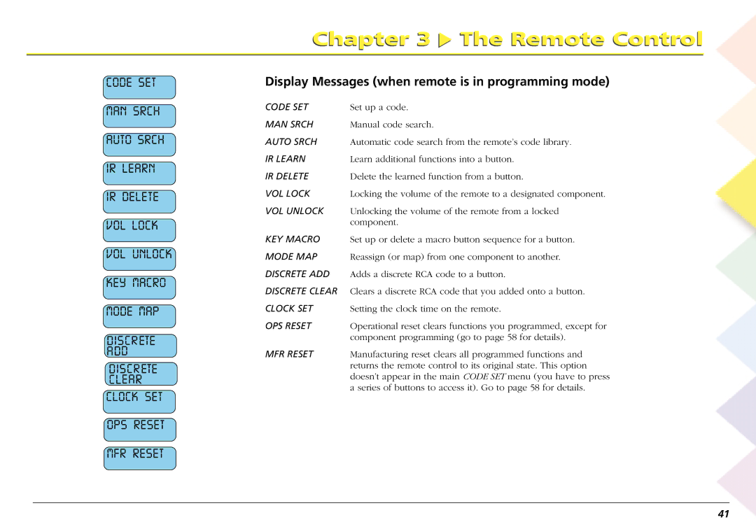 RCA L50000 manual Display Messages when remote is in programming mode 