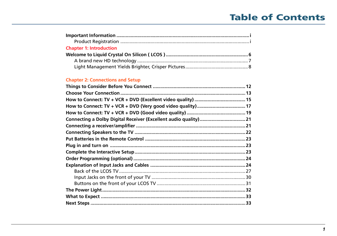 RCA L50000 manual Table of Contents 