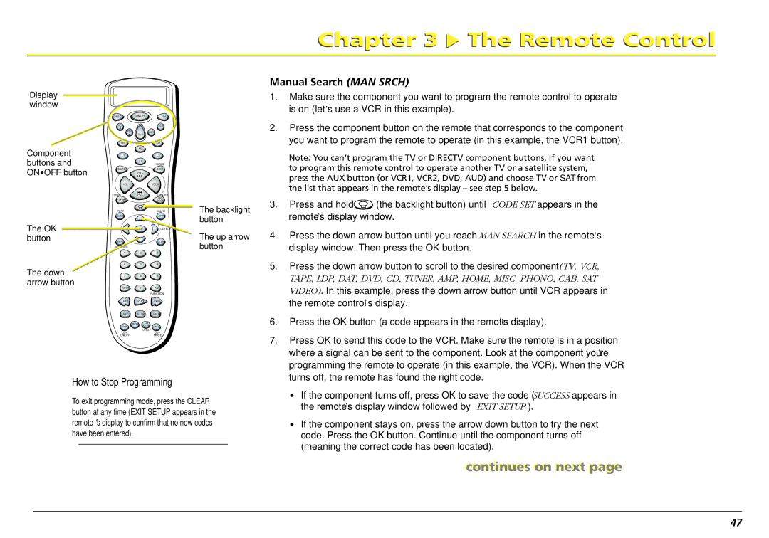 RCA L50000 manual How to Stop Programming, Manual Search MAN Srch 