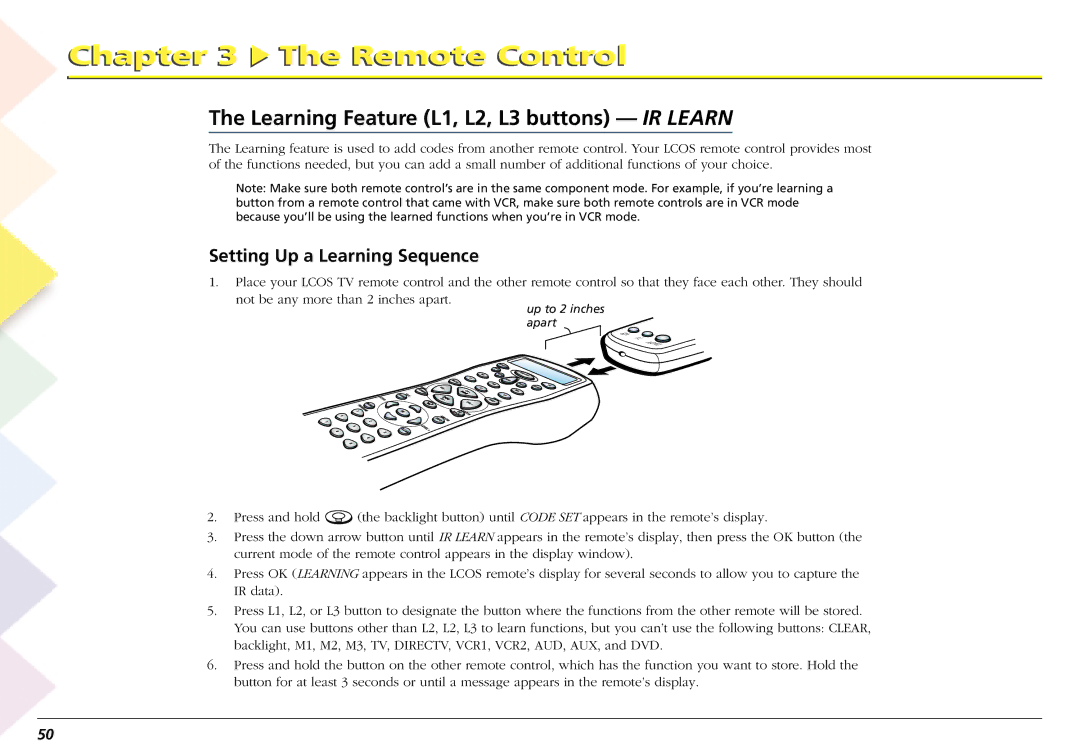 RCA L50000 manual Learning Feature L1, L2, L3 buttons IR Learn, Setting Up a Learning Sequence 