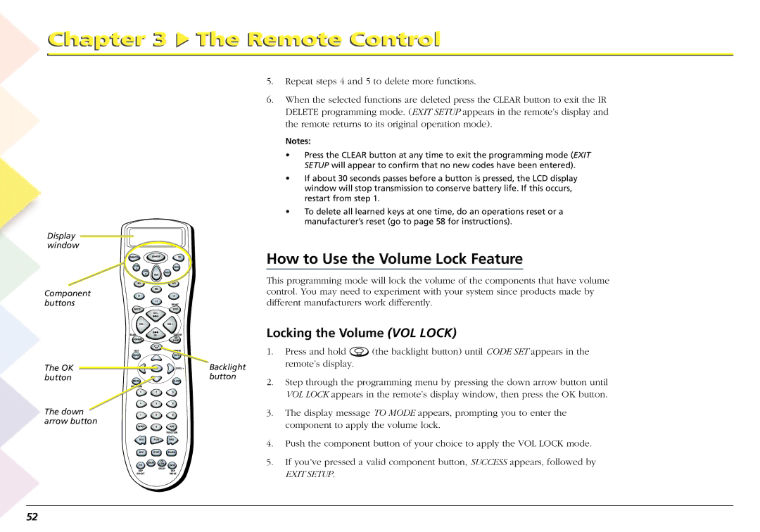 RCA L50000 manual How to Use the Volume Lock Feature, Locking the Volume VOL Lock 