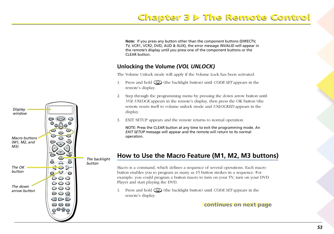 RCA L50000 manual How to Use the Macro Feature M1, M2, M3 buttons, Unlocking the Volume VOL Unlock 