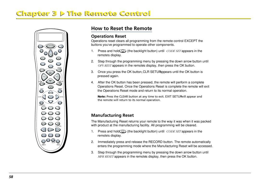 RCA L50000 manual How to Reset the Remote, Operations Reset, Manufacturing Reset 