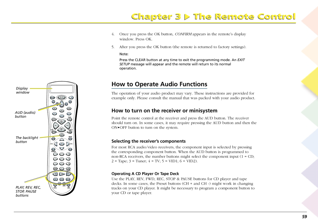 RCA L50000 How to Operate Audio Functions, How to turn on the receiver or minisystem, Selecting the receiver’s components 