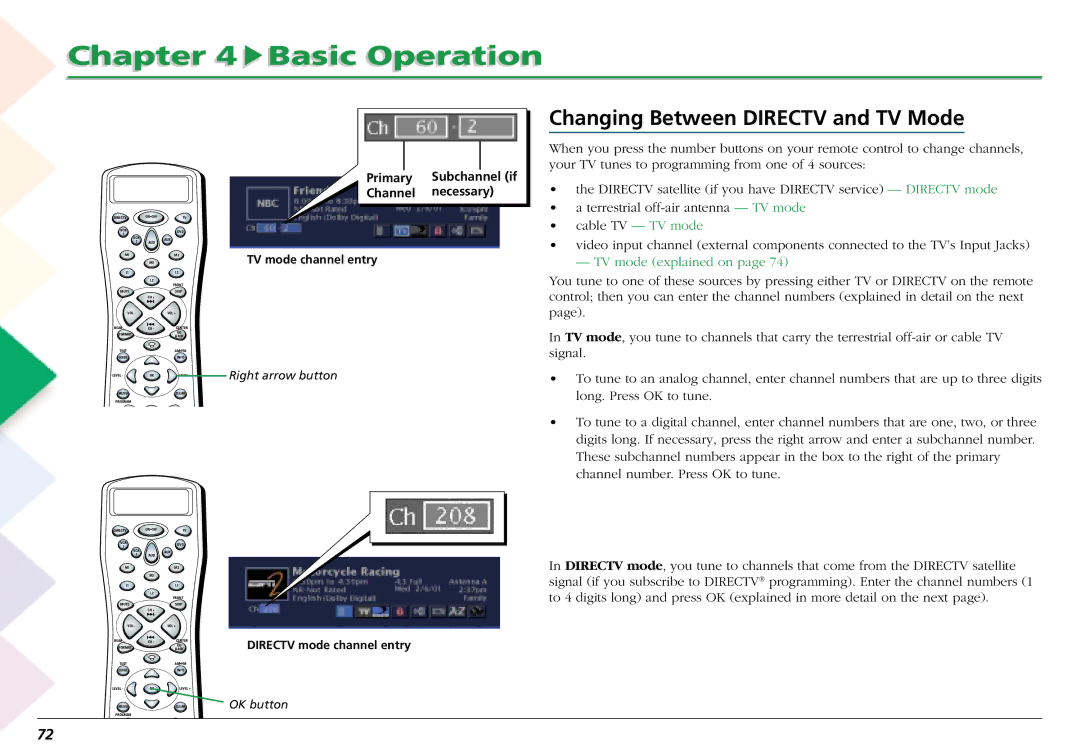 RCA L50000 manual Changing Between Directv and TV Mode, TV mode explained on 