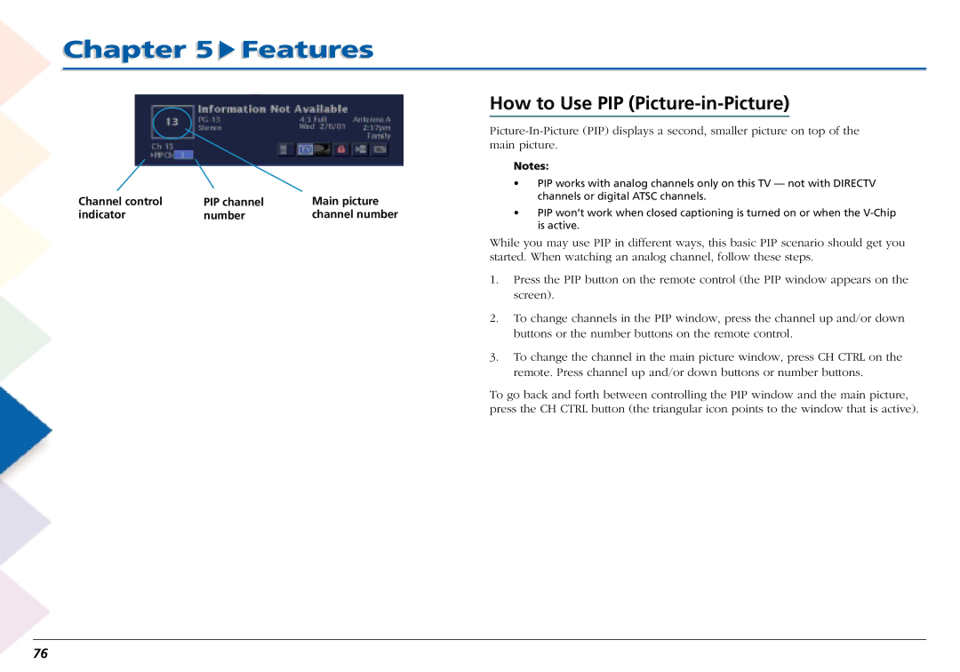 RCA L50000 manual Features, How to Use PIP Picture-in-Picture 