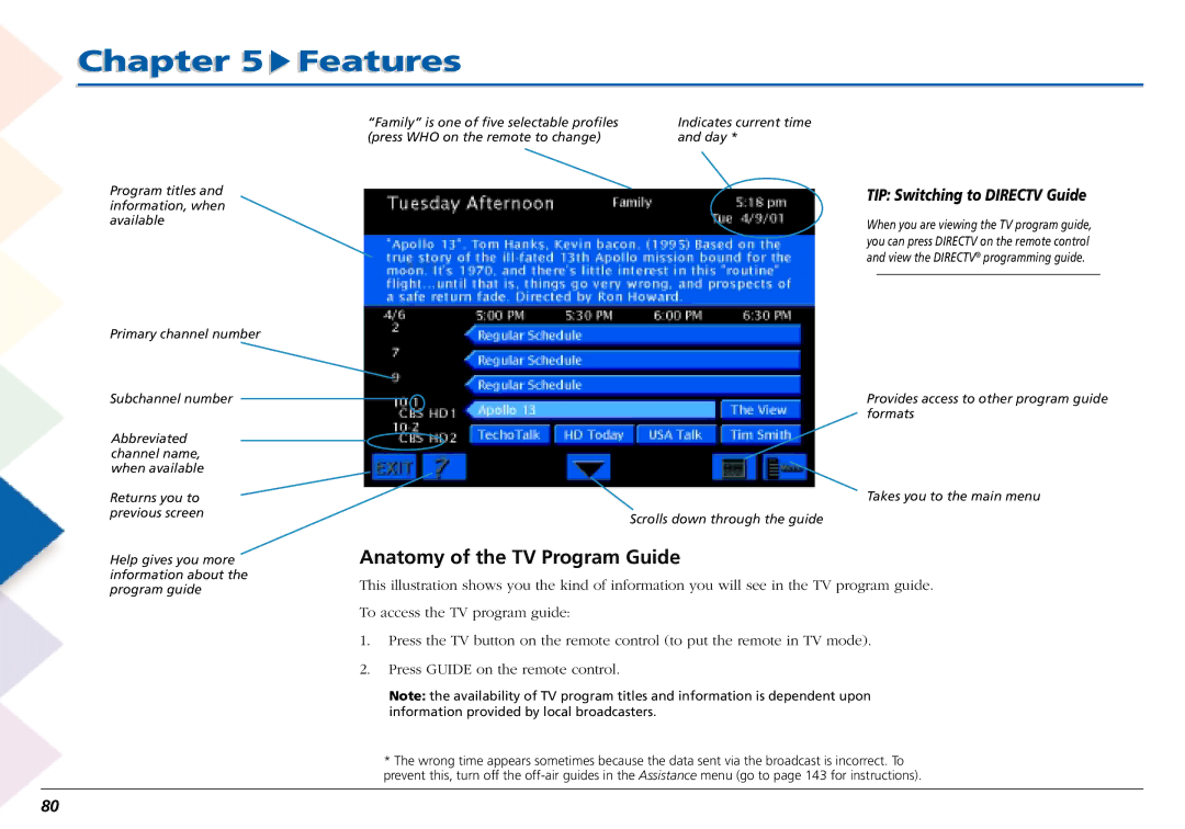 RCA L50000 manual Anatomy of the TV Program Guide, TIP Switching to Directv Guide 