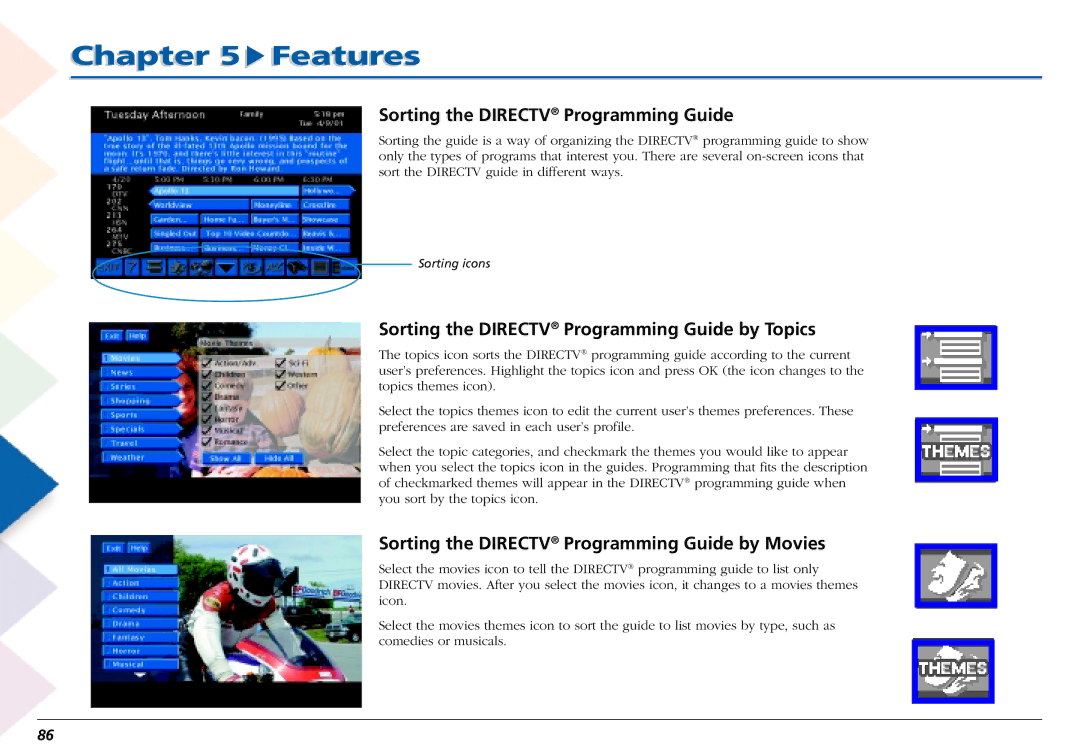 RCA L50000 manual Sorting the Directv Programming Guide by Topics, Sorting the Directv Programming Guide by Movies 