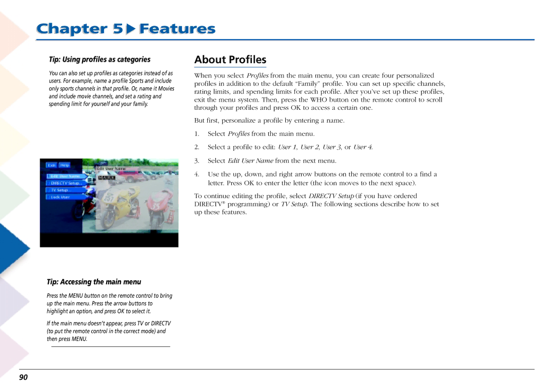 RCA L50000 manual About Profiles, Tip Using profiles as categories, Tip Accessing the main menu 