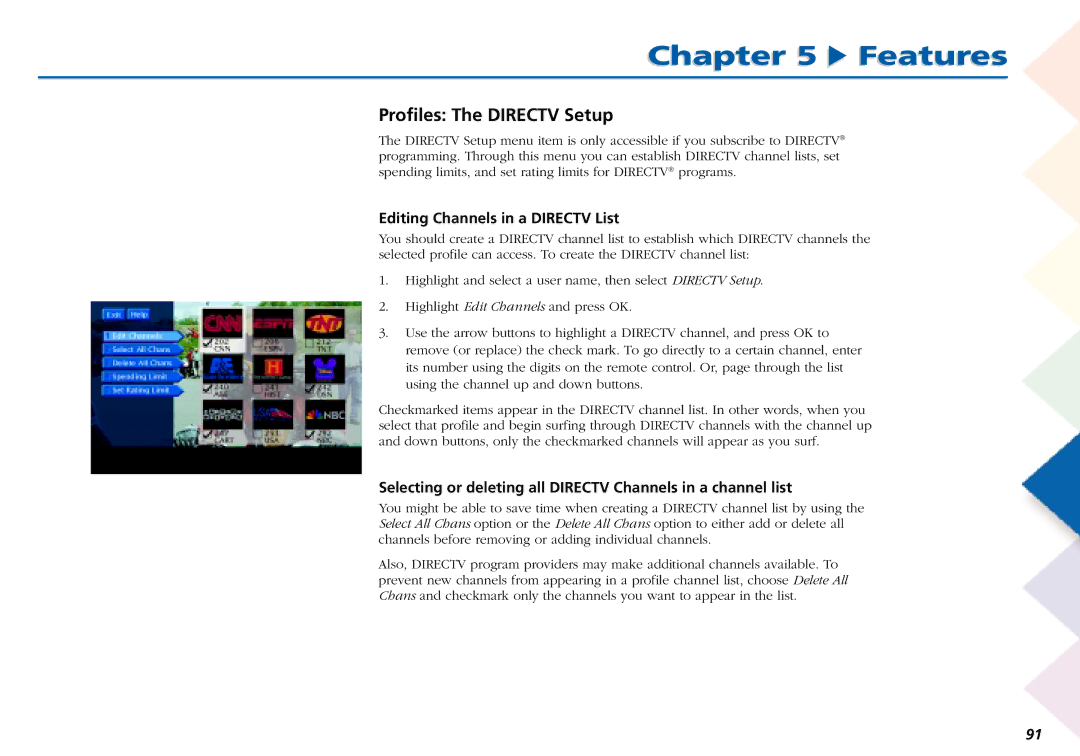 RCA L50000 manual Profiles The Directv Setup, Editing Channels in a Directv List 